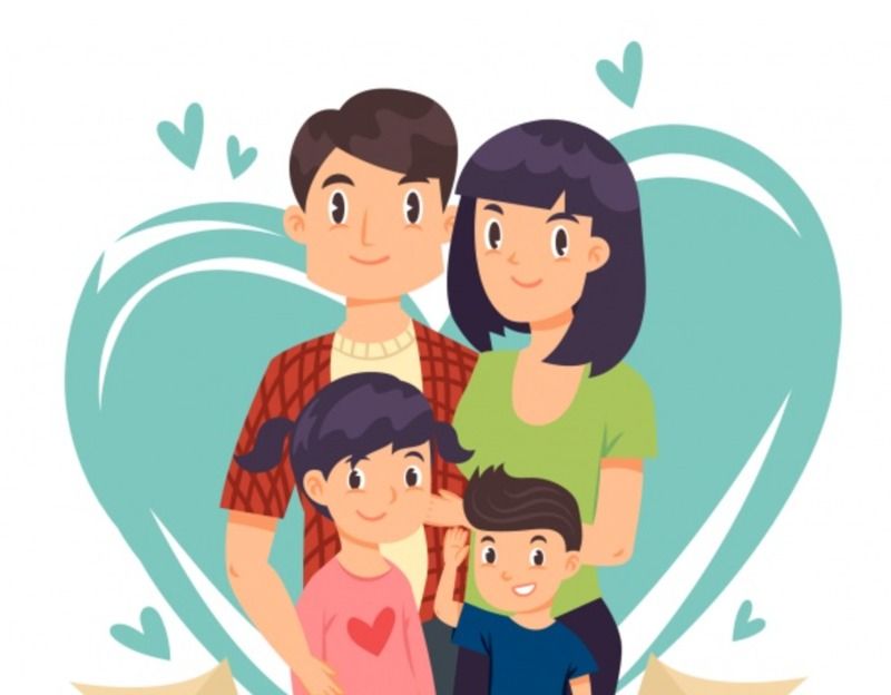 Rysunek rodziny mama, tata i 2 dzieci w tle serce
