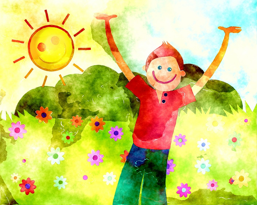 obrazek malowany akwarelami, przedstawia uśmiechniętego chłopca na trawie pełnej kwiatów