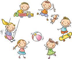 rysunek dzieci bawiących się w kole , dziewczynka na huśtawce, chłopiec z samochodem, dwie dzieczynki podrzucają piłkę, chłopiec na deskorolce