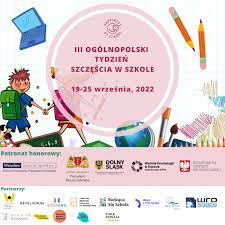 logo z napisem II ogólnopolski tydzień szczęścia data 16-25 września 2022, rysunek chłopiec z plecakiem, ołówek, laptop