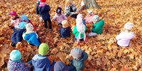 Nauczyciel czyta książkę dzieciom. Wszyscy siedzą na jesiennych liściach w ogrodzie przedszkolnym