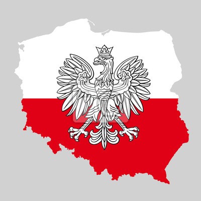 kształt mapy polski w kolorze flagi biało czerwonym w centrum orzeł biały