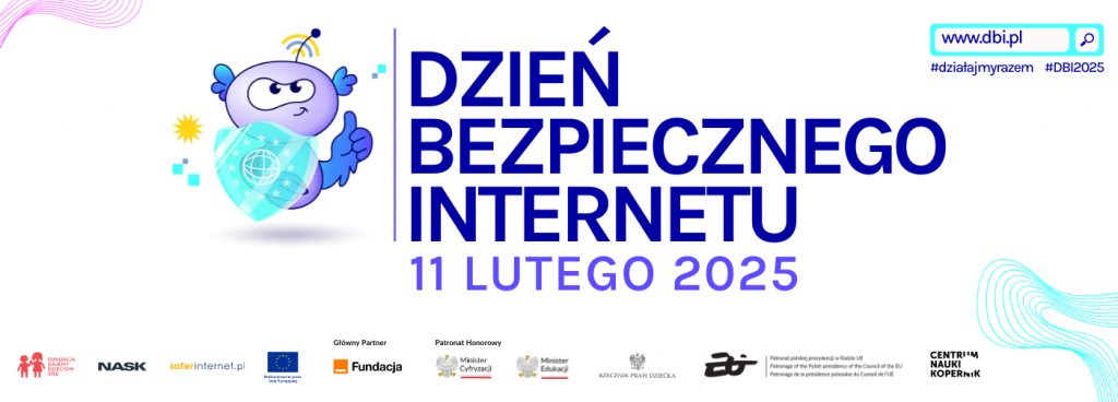 napis dzien berzpieczngeo internetu na białym tle niebieski napis 11 lutego 20205 obok po lewej animacja rysunkowa stworek